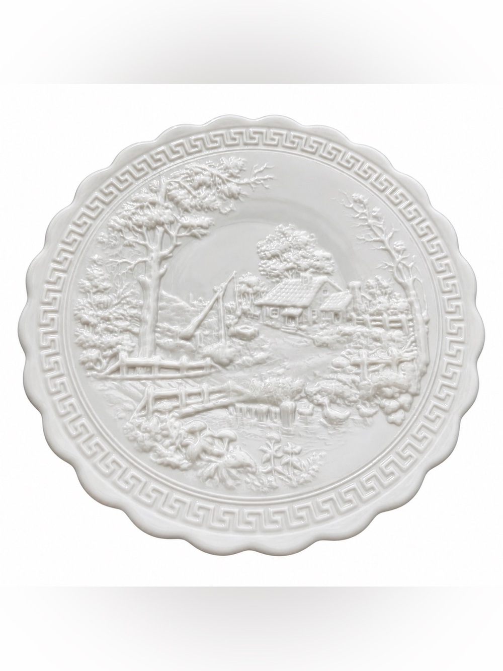 Vintage Milk Glass Scenic Cottage Relief Serving Platter Greek Key Oval Plate